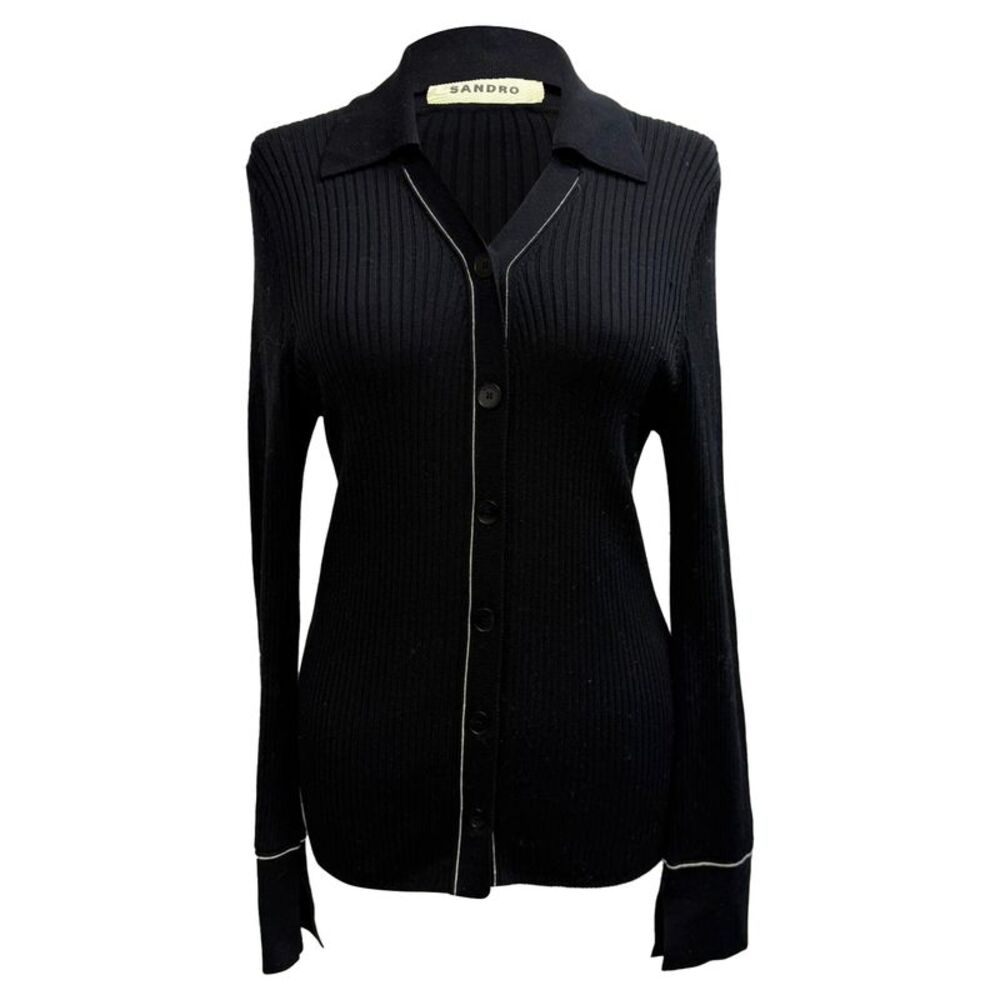 Sandro Ribbed-Knit Cardigan in Black Viscose